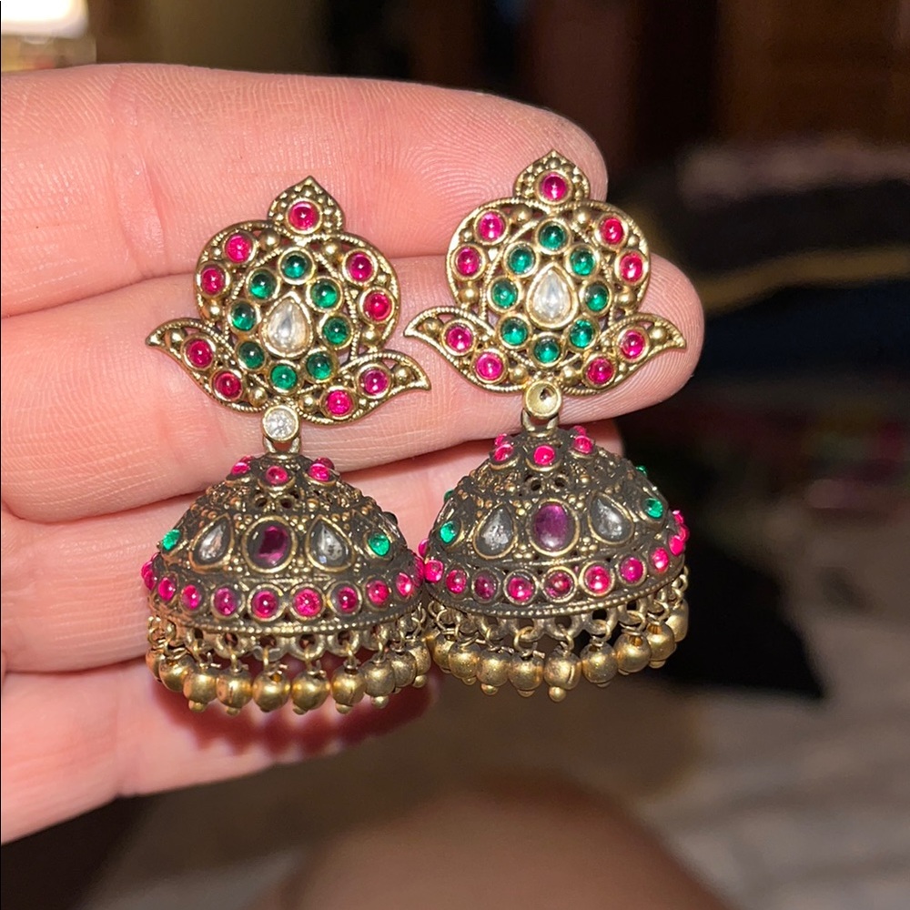 Elegant Gold and Pink Jhumka Earrings Bollywood style